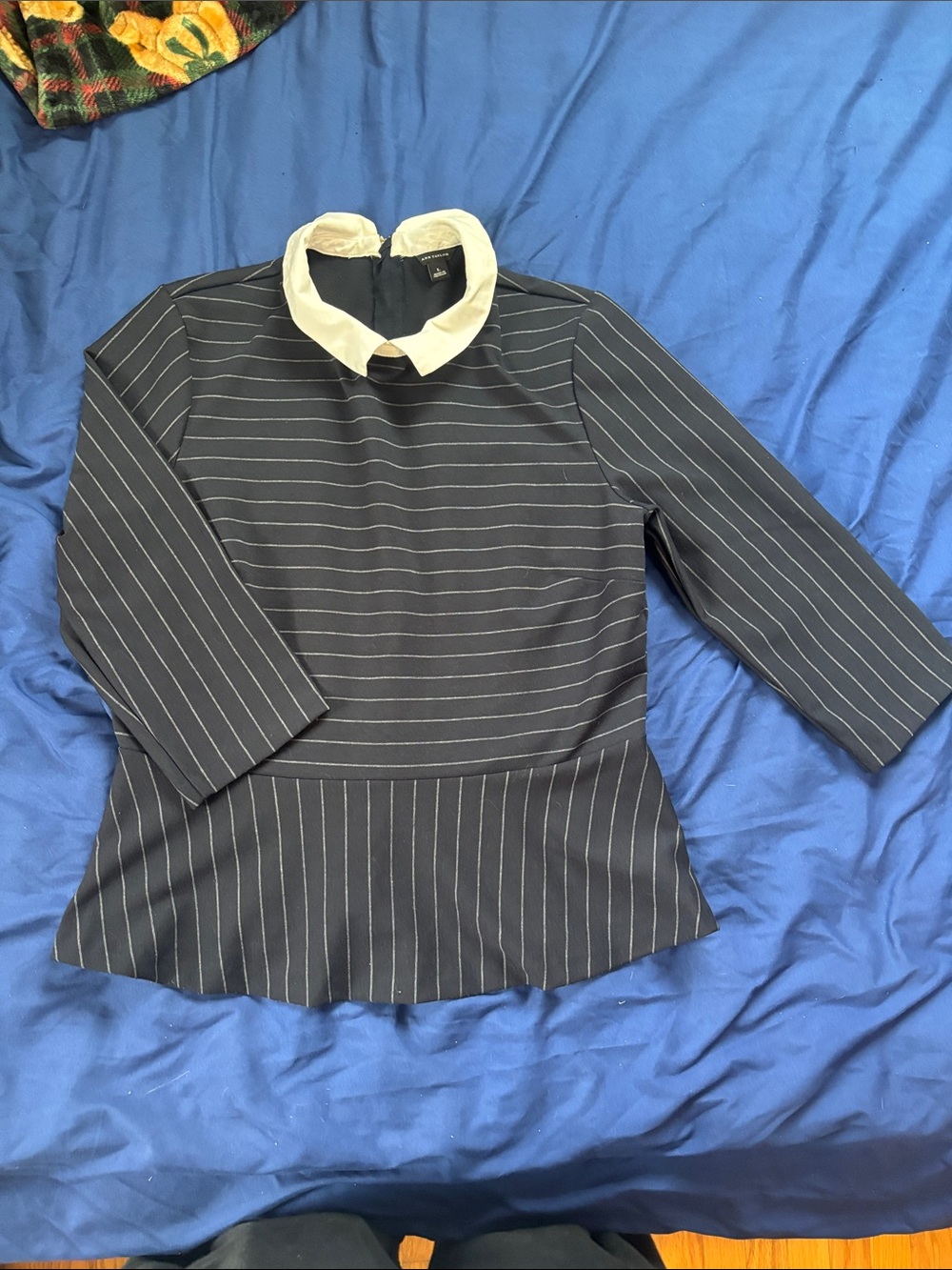 Ann Taylor Black Pinstripe Peplum Top with White Collar